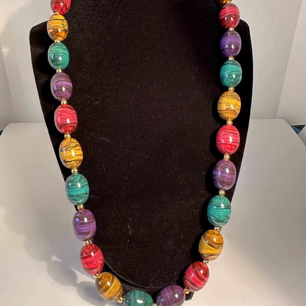 Vintage Multi Colored Gold Swirl Resin Bead Necklace